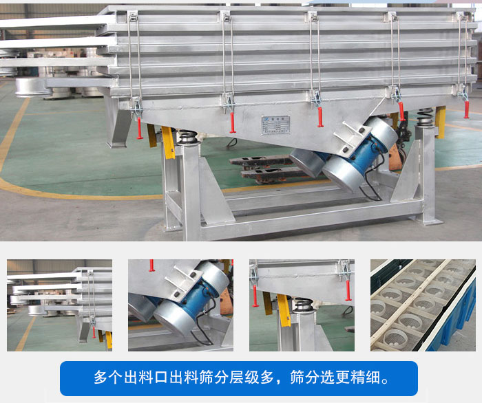 多層直線振動篩結構優勢：出料口多層選擇，振動電機，震動彈簧減輕振動體的磨損，彈跳球和擋球環。