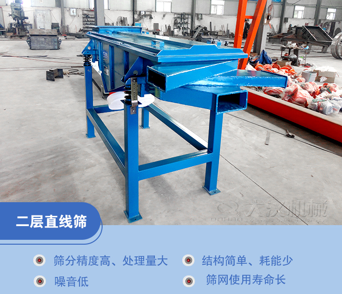 兩層直線振動篩是兩層篩網三個出料口能夠同時滿足物料三種不同顆粒大小的篩分。