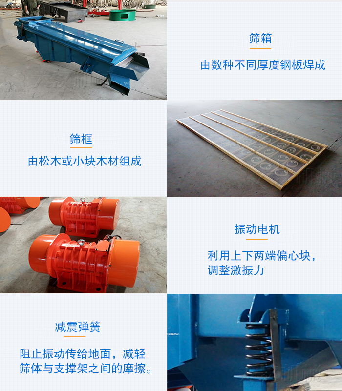 小型直線篩篩箱,篩框,振動電機,彈簧等部件圖片展示
